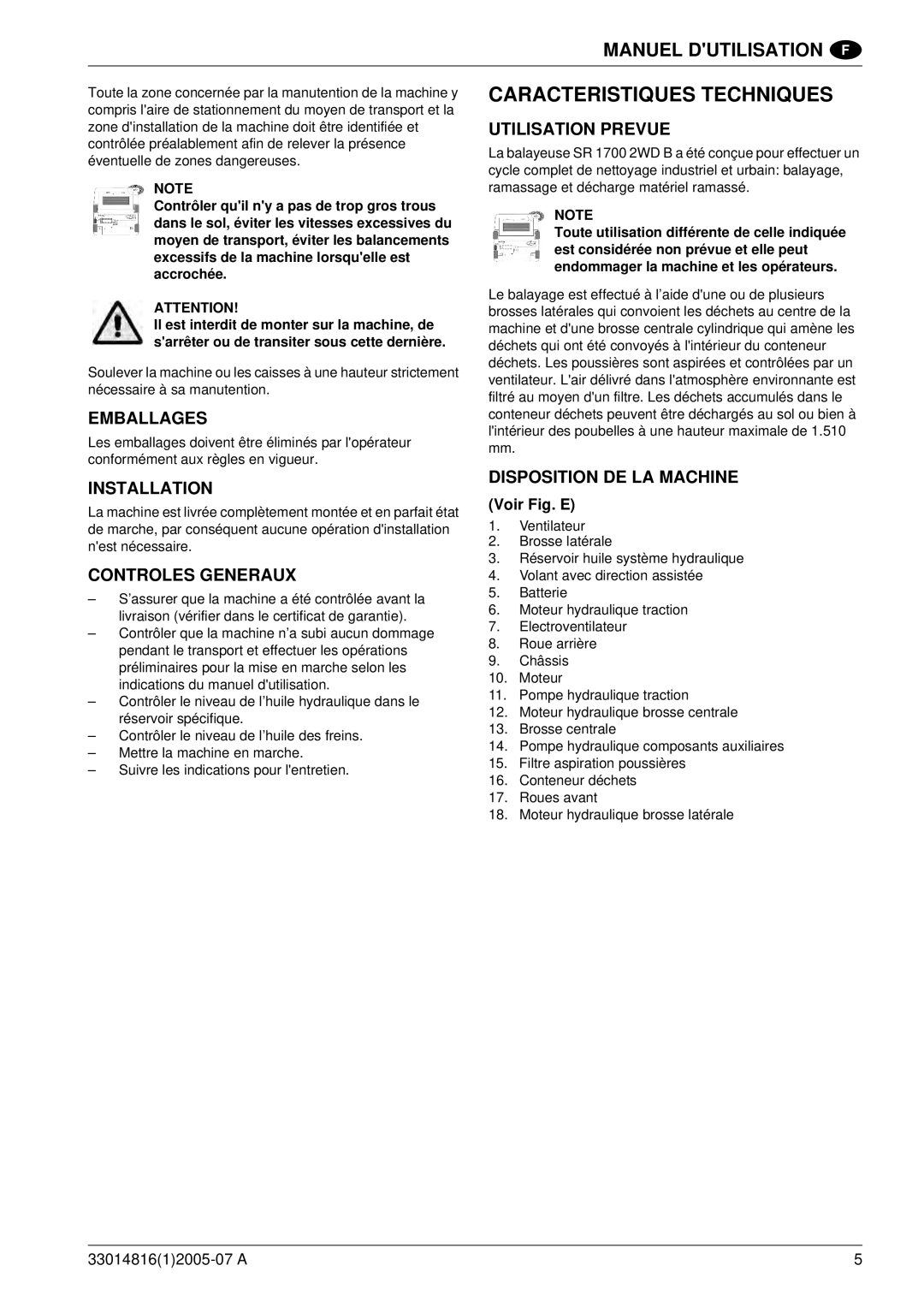 Nilfisk-ALTO SR 1700 2WD B Caracteristiques Techniques, Emballages, Controles Generaux, Utilisation Prevue 