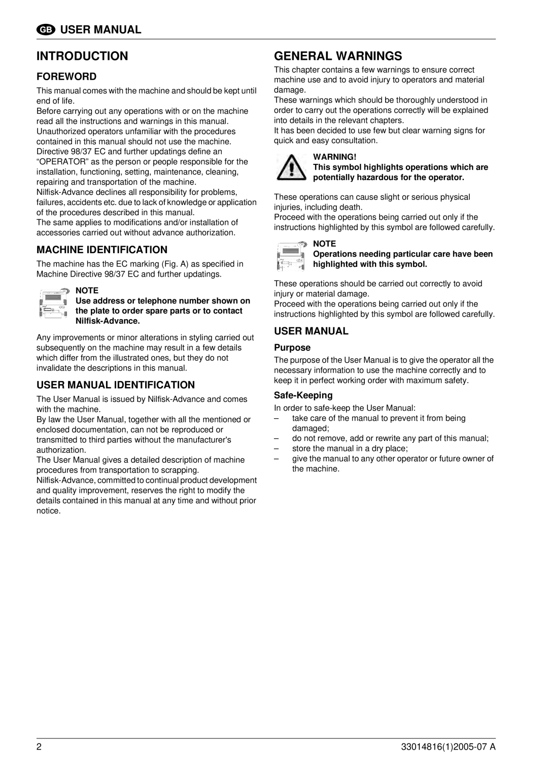 Nilfisk-ALTO SR 1700 2WD B manuel dutilisation General Warnings, Foreword, Machine Identification, Purpose Safe-Keeping 