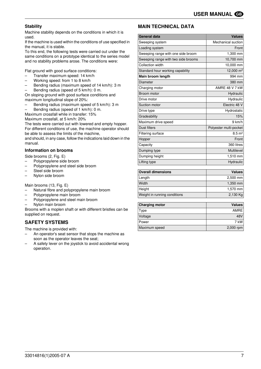 Nilfisk-ALTO SR 1700 2WD B manuel dutilisation Safety Systems, Main Technical Data, Stability, Information on brooms 