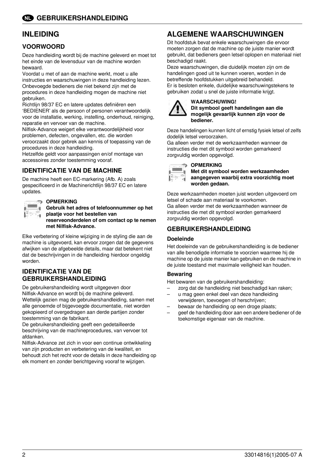 Nilfisk-ALTO SR 1700 2WD B manuel dutilisation Inleiding, Algemene Waarschuwingen, Voorwoord, Identificatie VAN DE Machine 