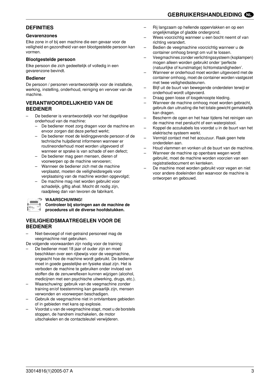 Nilfisk-ALTO SR 1700 2WD B Definities, Verantwoordelijkheid VAN DE Bediener, Veiligheidsmaatregelen Voor DE Bediener 