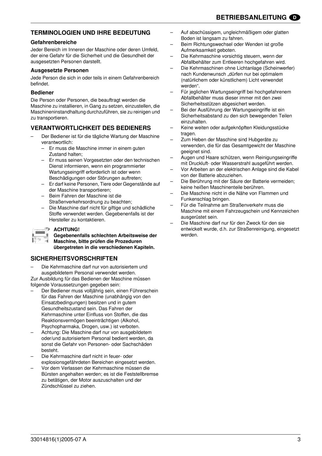 Nilfisk-ALTO SR 1700 2WD B Terminologien UND Ihre Bedeutung, Verantwortlichkeit DES Bedieners, Sicherheitsvorschriften 