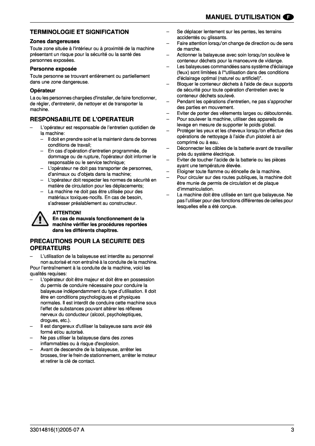 Nilfisk-ALTO SR 1700 2WD B Terminologie Et Signification, Responsabilite De Loperateur, Manuel Dutilisation, Opérateur 