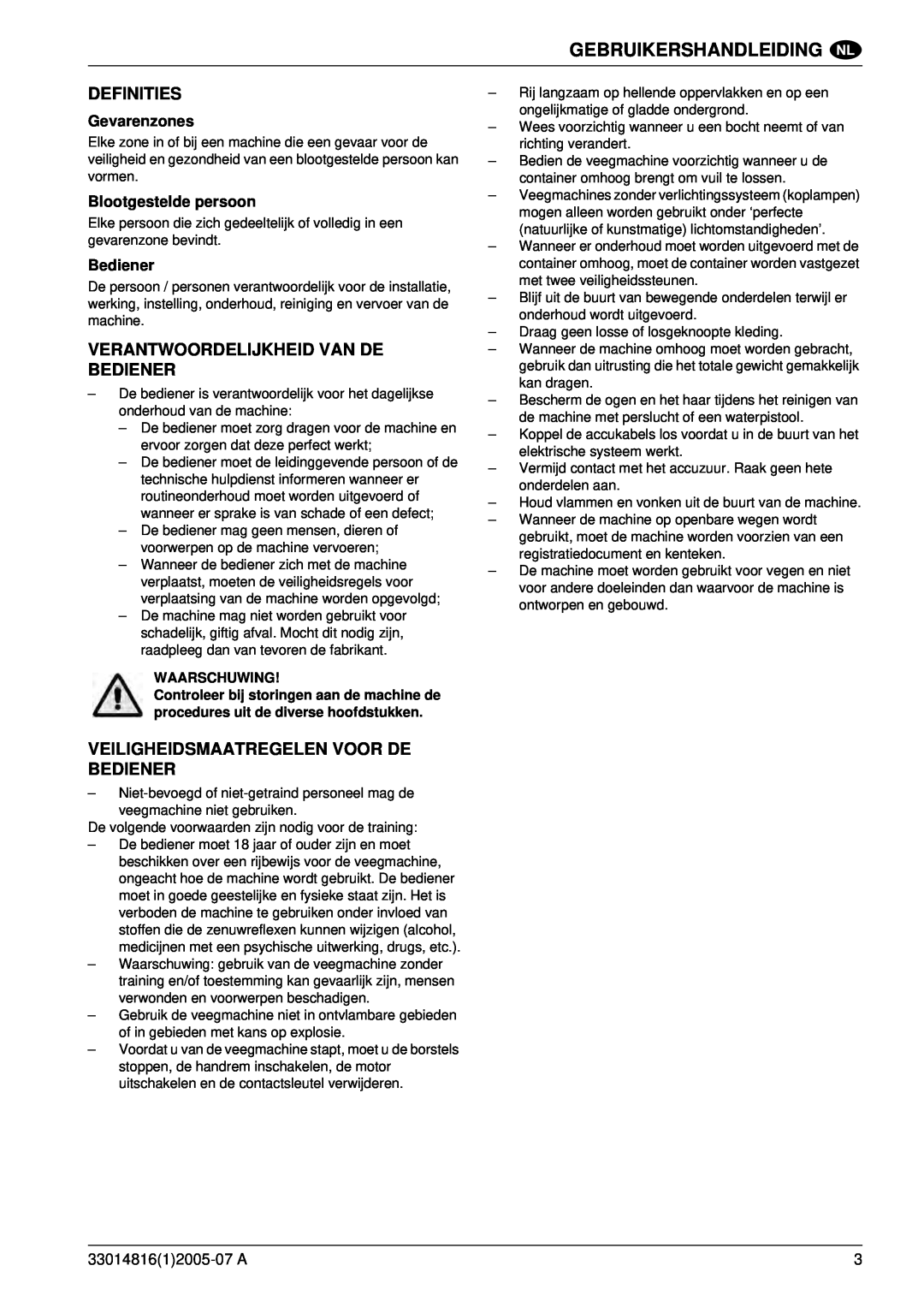 Nilfisk-ALTO SR 1700 2WD B Definities, Verantwoordelijkheid Van De Bediener, Veiligheidsmaatregelen Voor De Bediener 