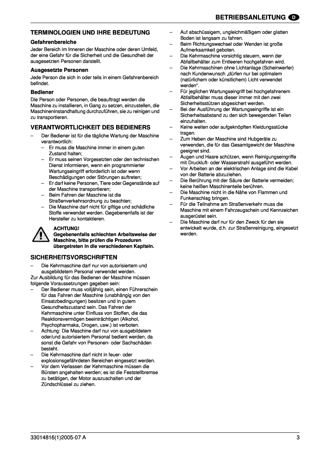 Nilfisk-ALTO SR 1700 2WD B Terminologien Und Ihre Bedeutung, Verantwortlichkeit Des Bedieners, Sicherheitsvorschriften 