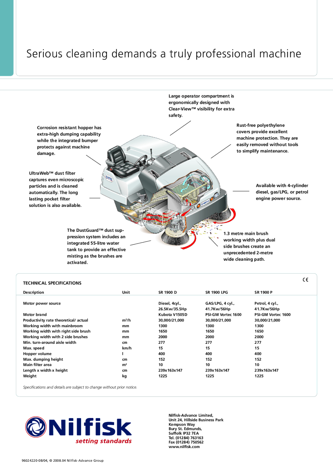 Nilfisk-ALTO SR 1900 P, SR 1900 LPG technical specifications Serious cleaning demands a truly professional machine 