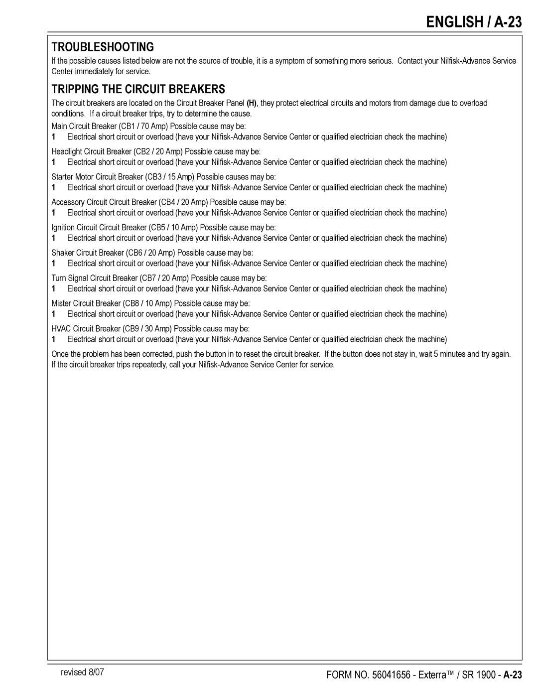 Nilfisk-ALTO SR 1900 manual English / A-23, Troubleshooting, Tripping the Circuit Breakers 