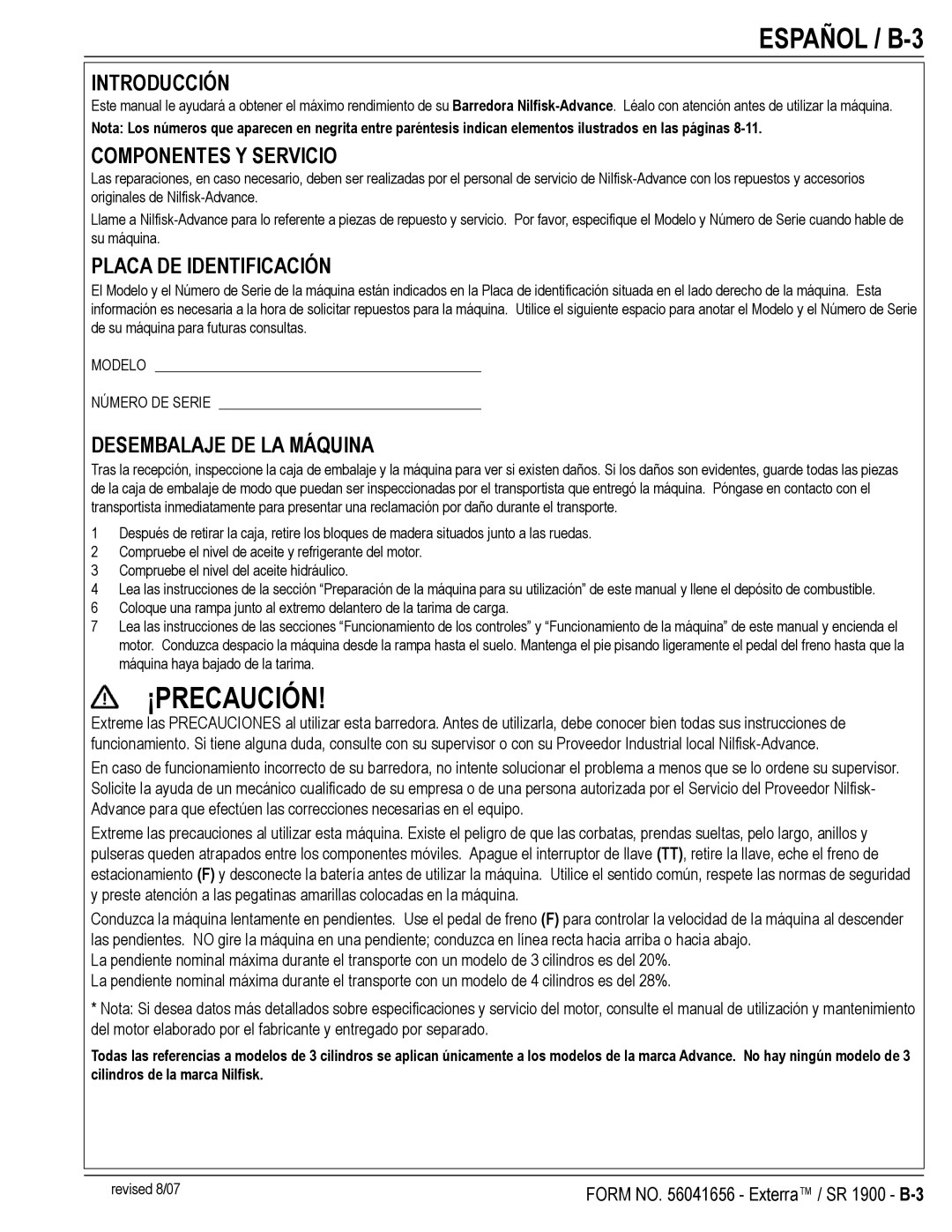 Nilfisk-ALTO SR 1900 manual Español / B-3, Introducción, Componentes Y Servicio, Placa DE Identificación 