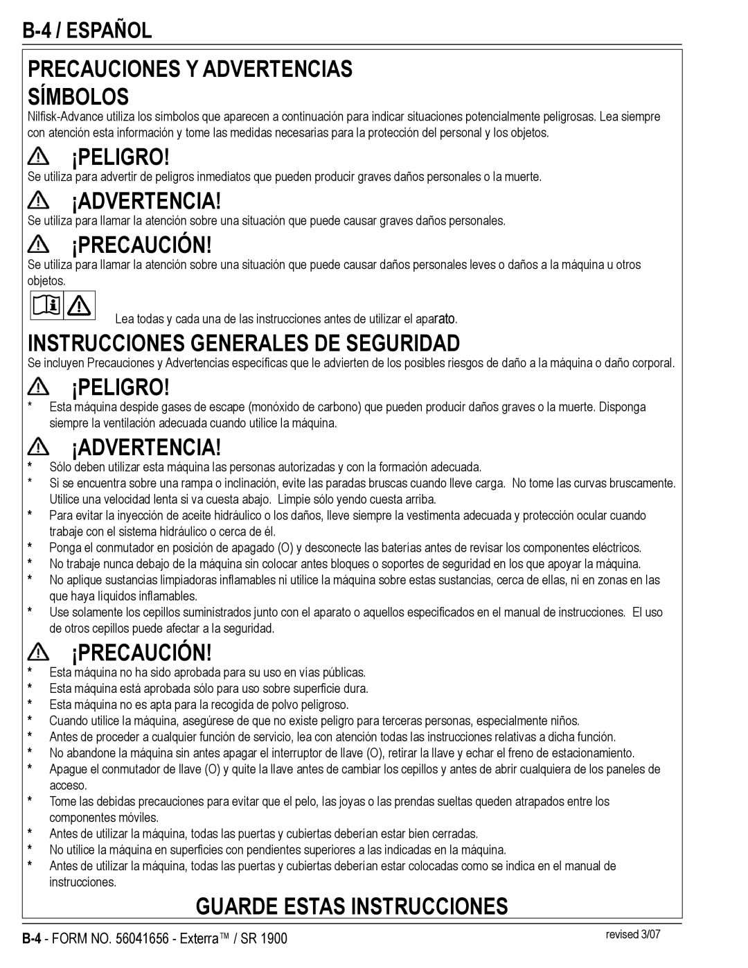 Nilfisk-ALTO SR 1900 manual Precauciones Y Advertencias Símbolos, Revised 3/07 