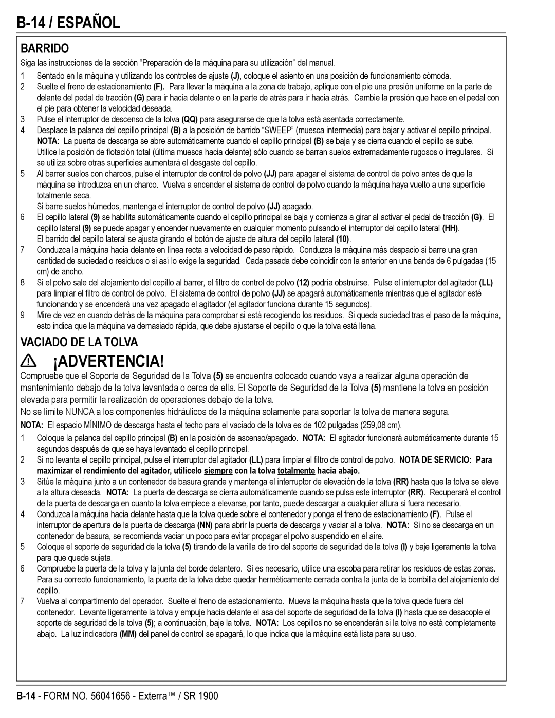 Nilfisk-ALTO SR 1900 manual 14 / Español, Barrido, Vaciado DE LA Tolva 