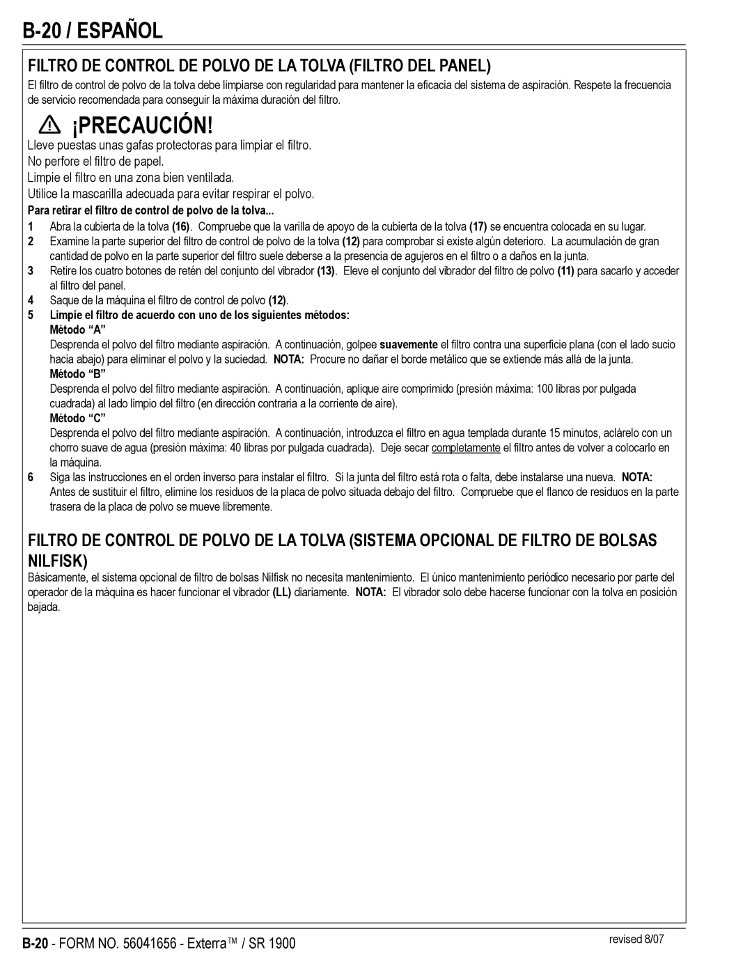 Nilfisk-ALTO SR 1900 manual 20 / Español, Filtro DE Control DE Polvo DE LA Tolva Filtro DEL Panel, Método B, Método C 