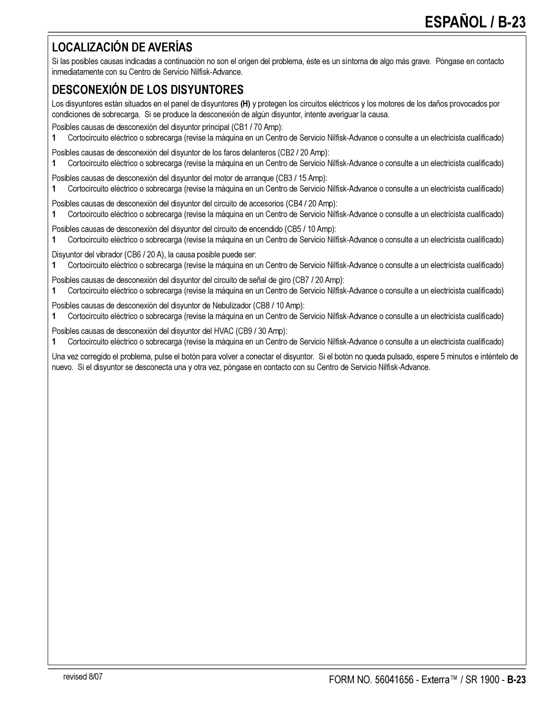 Nilfisk-ALTO SR 1900 manual Español / B-23, Localización DE Averías, Desconexión DE LOS Disyuntores 