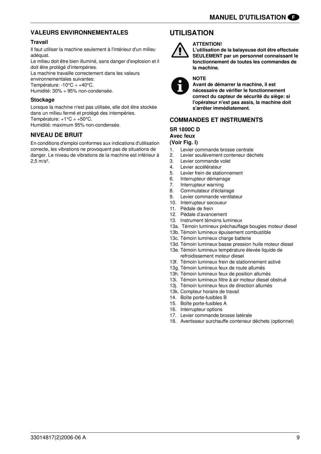 Nilfisk-ALTO SR1800C B-D Utilisation, Valeurs Environnementales, Niveau DE Bruit, Commandes ET Instruments 