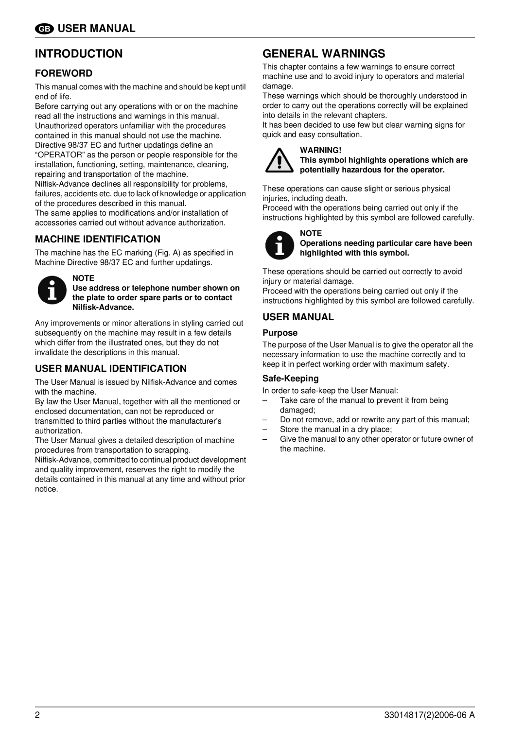 Nilfisk-ALTO SR1800C B-D manuel dutilisation General Warnings, Foreword, Machine Identification, Purpose Safe-Keeping 