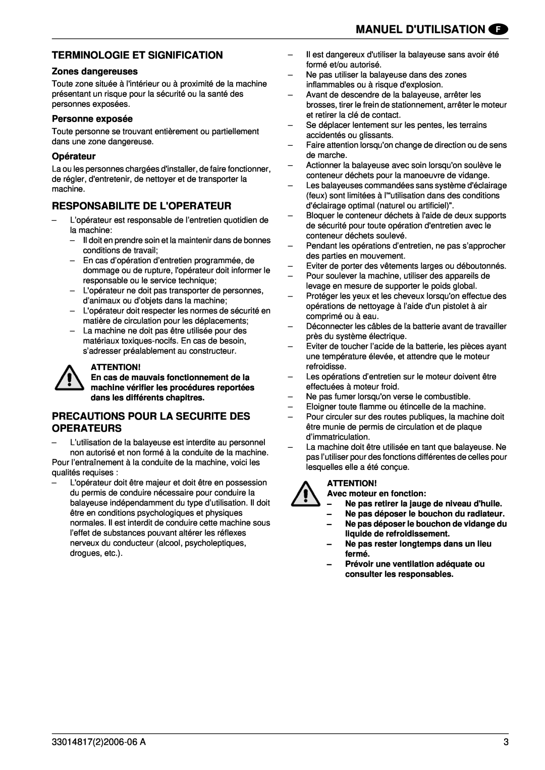 Nilfisk-ALTO SR1800C B-D Terminologie Et Signification, Responsabilite De Loperateur, Zones dangereuses, Personne exposée 