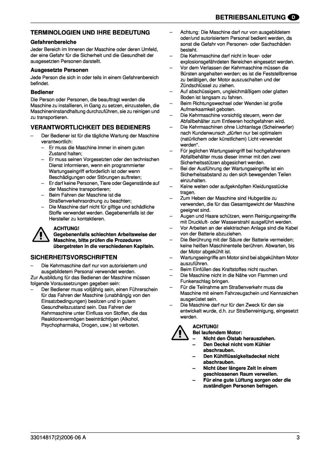 Nilfisk-ALTO SR1800C B-D Terminologien Und Ihre Bedeutung, Verantwortlichkeit Des Bedieners, Sicherheitsvorschriften 