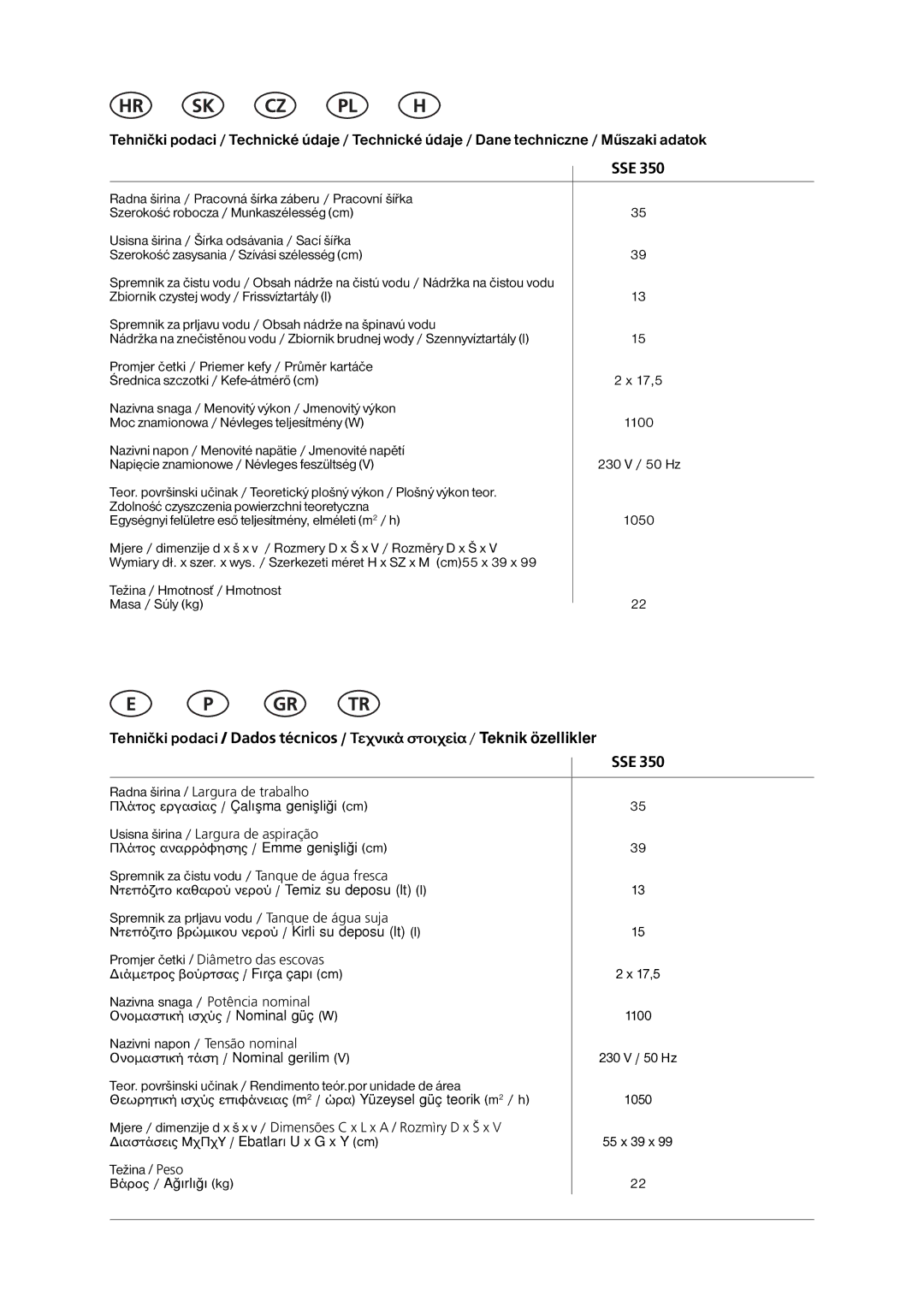 Nilfisk-ALTO SSE 350 manual Težina / Peso ´Üæïò / Aðýrlýðý kg 