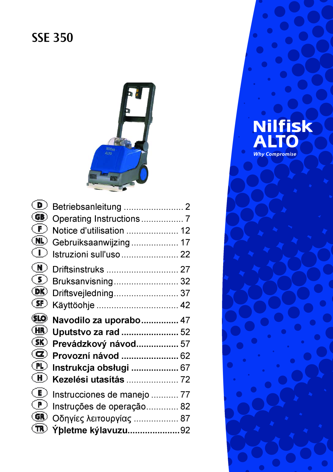 Nilfisk-ALTO SSE 350 manual Navodilo za uporabo, Uputstvo za rad, Prevádzkový návod, Provozní návod, Instrukcja obsługi 