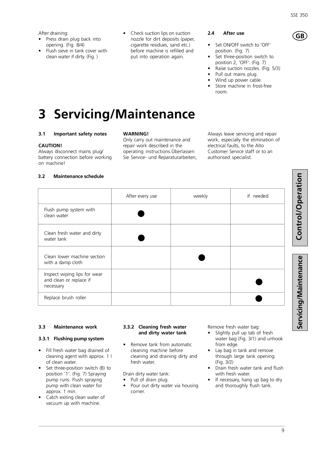 Nilfisk-ALTO SSE 350 manual Servicing/Maintenance Control/Operation 