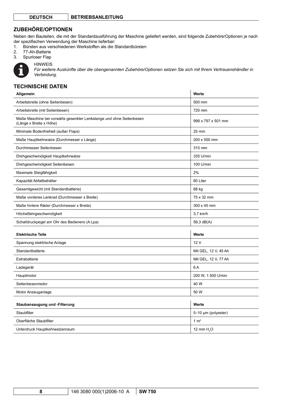 Nilfisk-ALTO SW 750 manuel dutilisation Zubehöre/Optionen, Technische Daten, Allgemein Werte, Elektrische Teile Werte 