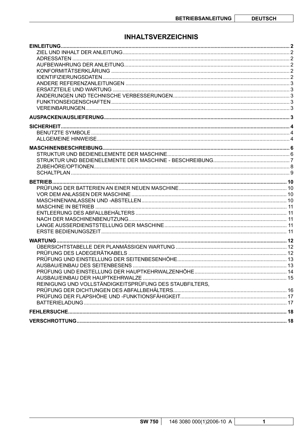 Nilfisk-ALTO SW 750 manuel dutilisation Inhaltsverzeichnis, Einleitung 