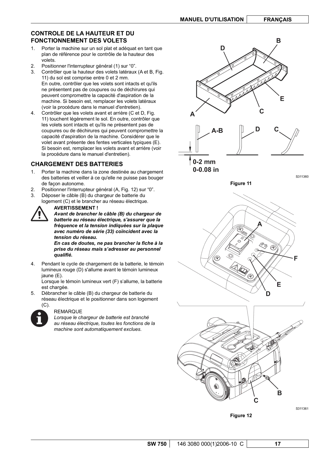 Nilfisk-ALTO SW 750 manuel dutilisation Chargement DES Batteries, Controle DE LA Hauteur ET DU Fonctionnement DES Volets 