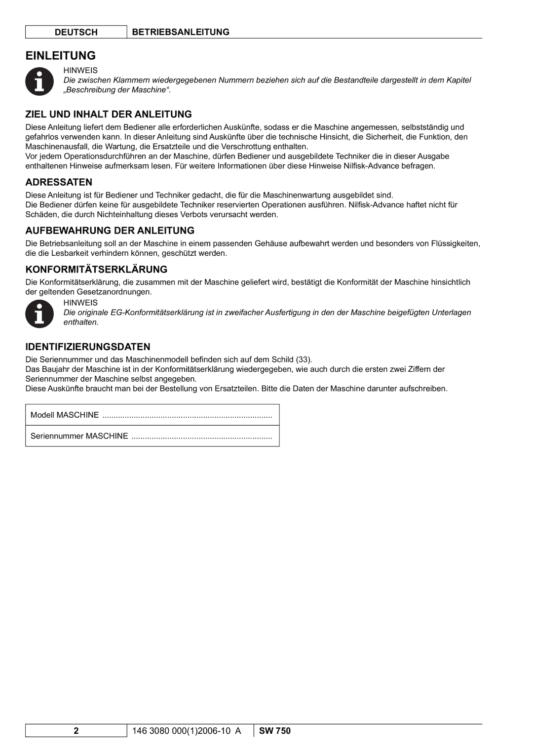 Nilfisk-ALTO SW 750 manuel dutilisation Einleitung 