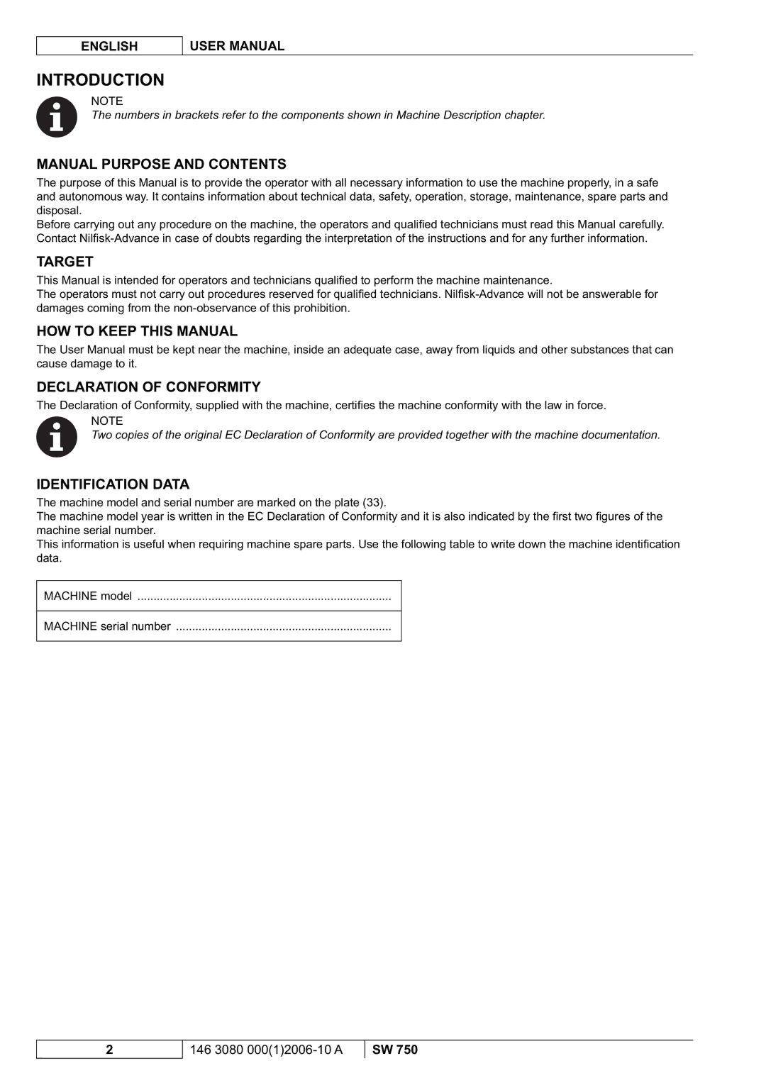 Nilfisk-ALTO SW 750 Manual Purpose and Contents, Target, HOW to Keep this Manual Declaration of Conformity 