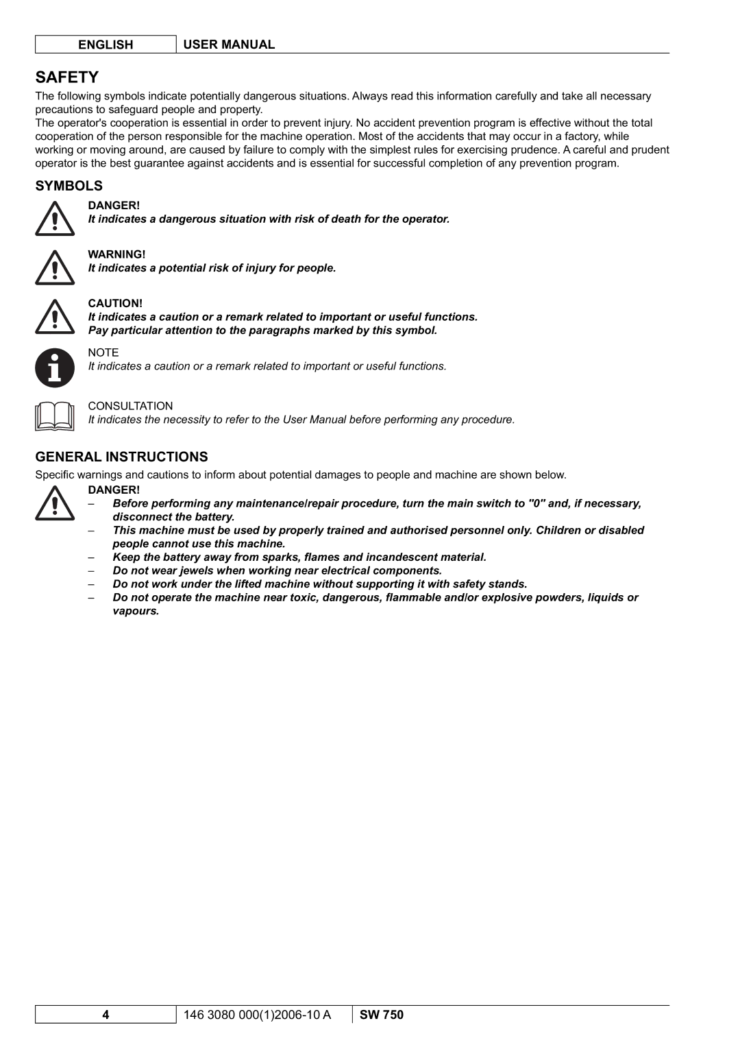 Nilfisk-ALTO SW 750 manuel dutilisation Safety, Symbols, General Instructions 