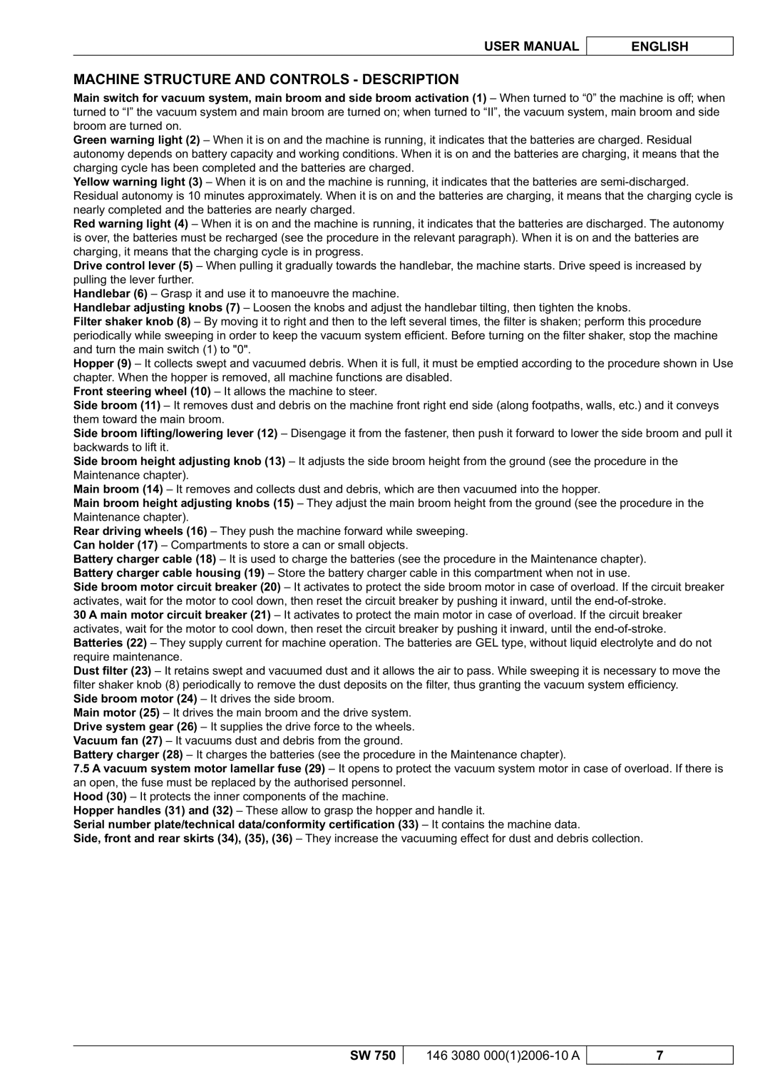 Nilfisk-ALTO SW 750 manuel dutilisation Machine Structure and Controls Description 