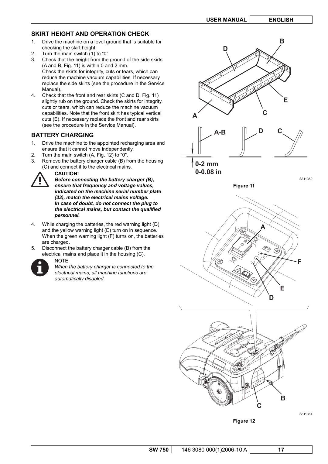 Nilfisk-ALTO SW 750 manuel dutilisation Skirt Height and Operation Check, Battery Charging 