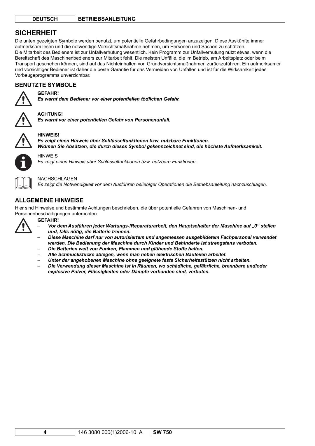 Nilfisk-ALTO SW 750 manuel dutilisation Sicherheit, Benutzte Symbole, Allgemeine Hinweise 