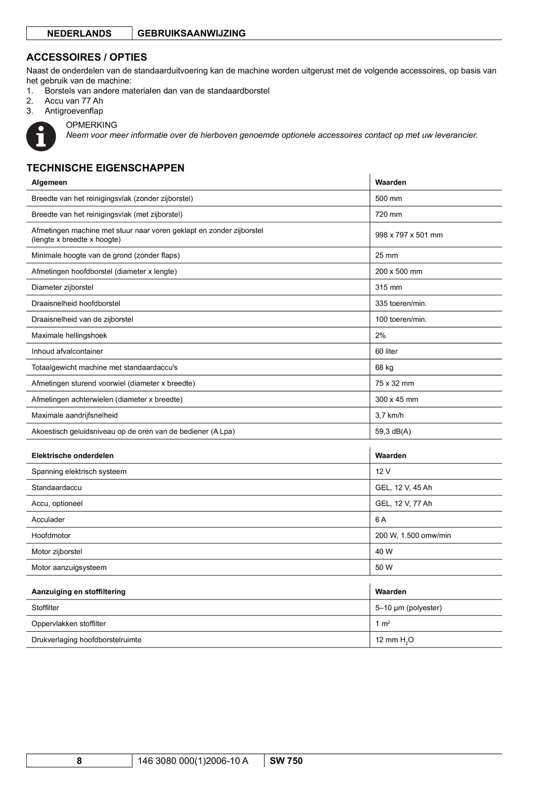 Nilfisk-ALTO SW 750 Accessoires / Opties, Technische Eigenschappen, Algemeen Waarden, Elektrische onderdelen Waarden 