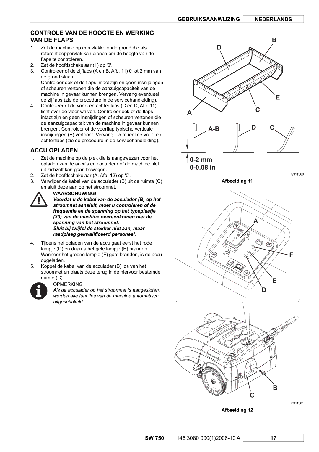 Nilfisk-ALTO SW 750 manuel dutilisation Controle VAN DE Hoogte EN Werking VAN DE Flaps, Accu Opladen 