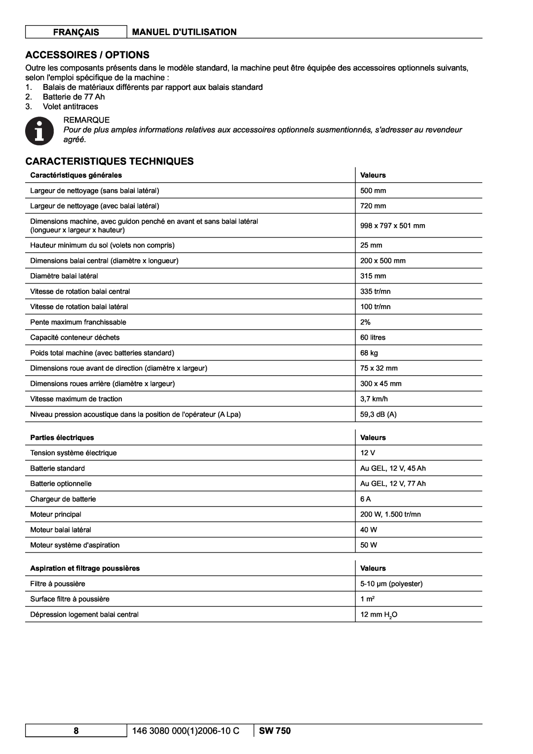 Nilfisk-ALTO SW 750 manuel dutilisation Accessoires / Options, Caracteristiques Techniques 