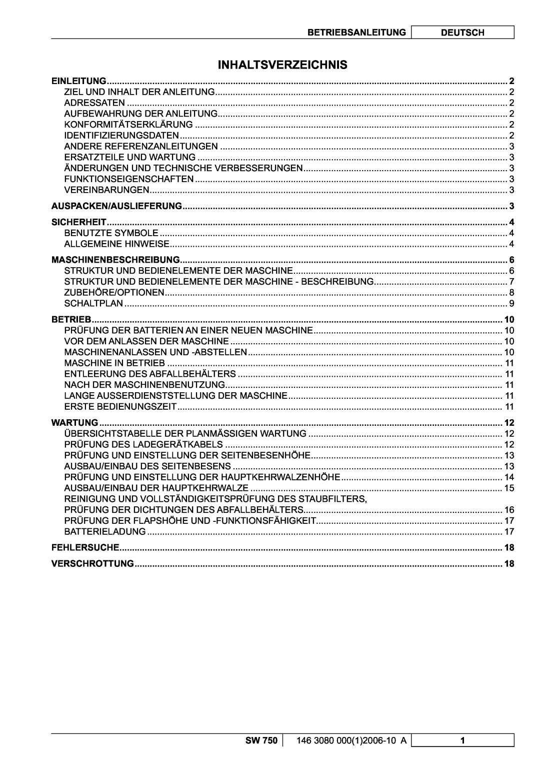 Nilfisk-ALTO SW 750 manuel dutilisation Inhaltsverzeichnis 