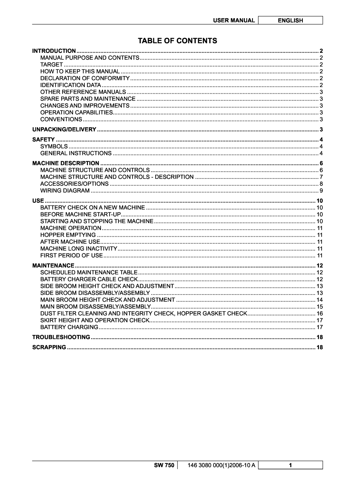 Nilfisk-ALTO SW 750 manuel dutilisation Table Of Contents 