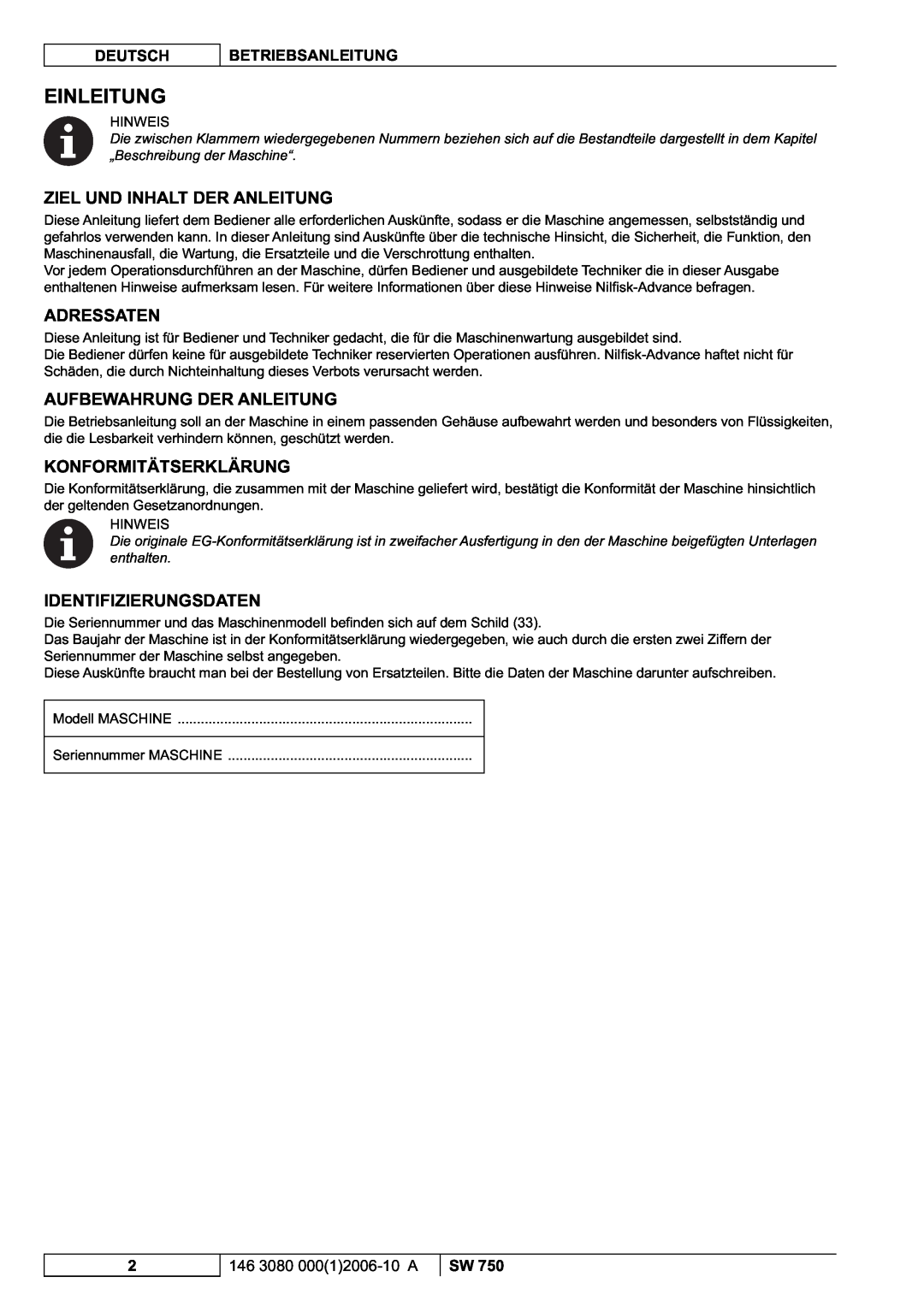 Nilfisk-ALTO SW 750 manuel dutilisation Einleitung, Ziel Und Inhalt Der Anleitung, Adressaten, Aufbewahrung Der Anleitung 