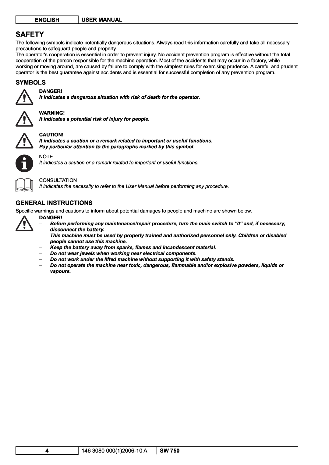 Nilfisk-ALTO SW 750 manuel dutilisation Safety, Symbols, General Instructions, Danger 