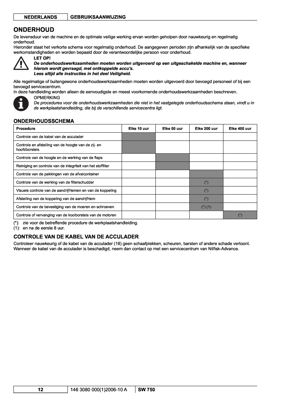 Nilfisk-ALTO SW 750 manuel dutilisation Onderhoudsschema, Controle Van De Kabel Van De Acculader, Let Op 