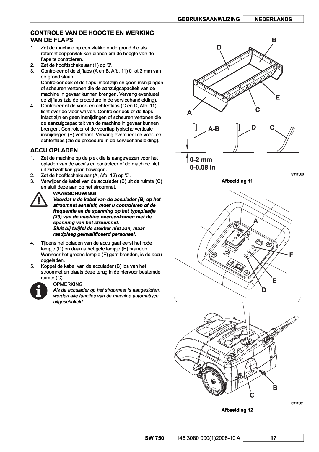 Nilfisk-ALTO SW 750 Controle Van De Hoogte En Werking Van De Flaps, Accu Opladen, B D E Ac, 0-2mm 0-0.08in, A F E D B C 
