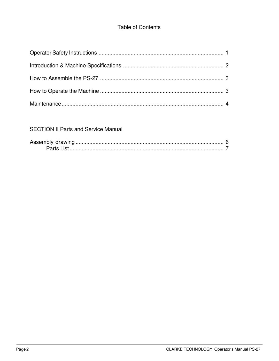 Nilfisk-ALTO Sweeper PS-27 manual Table of Contents 