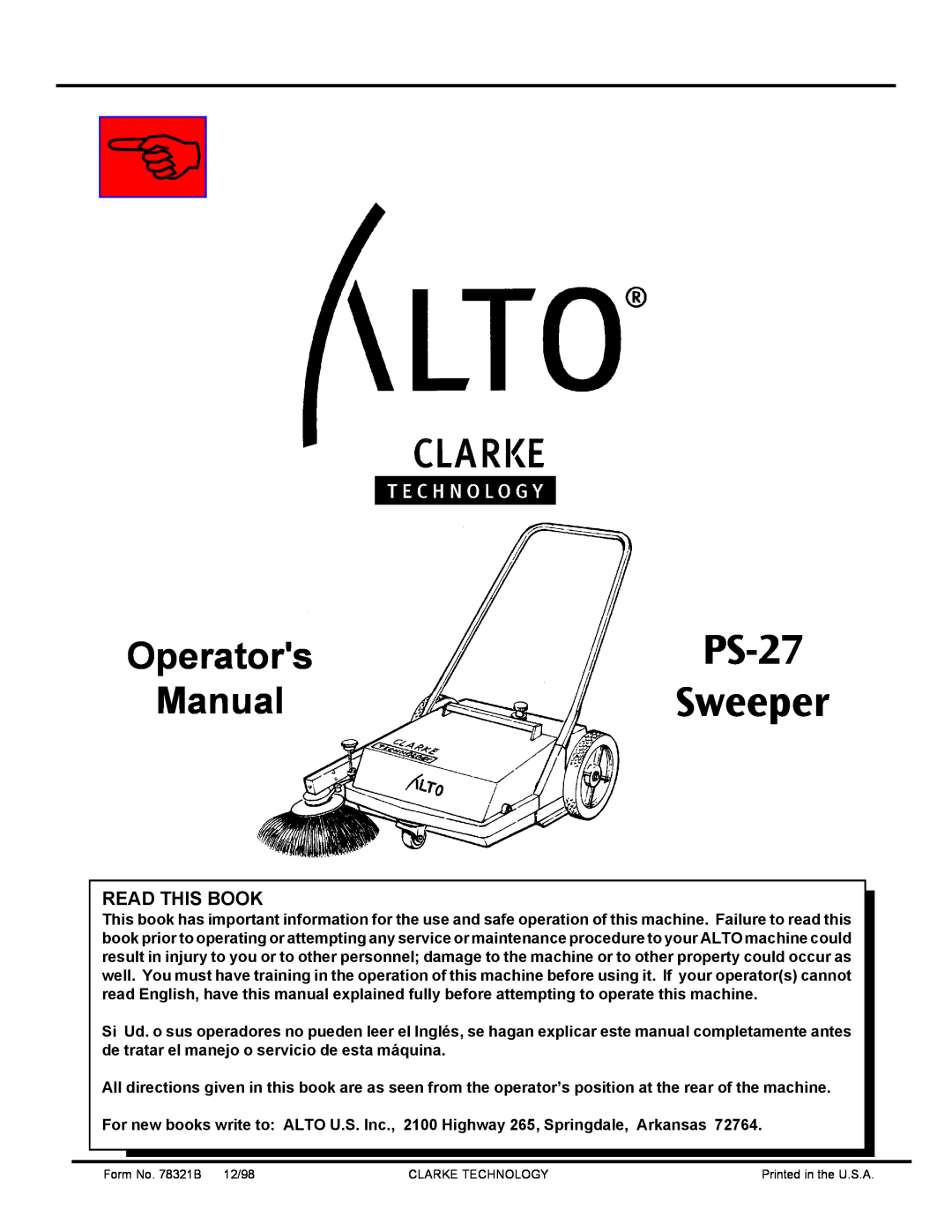 Nilfisk-ALTO Sweeper PS-27 manual Operators Manual, Read This Book, PS-27 Sweeper 