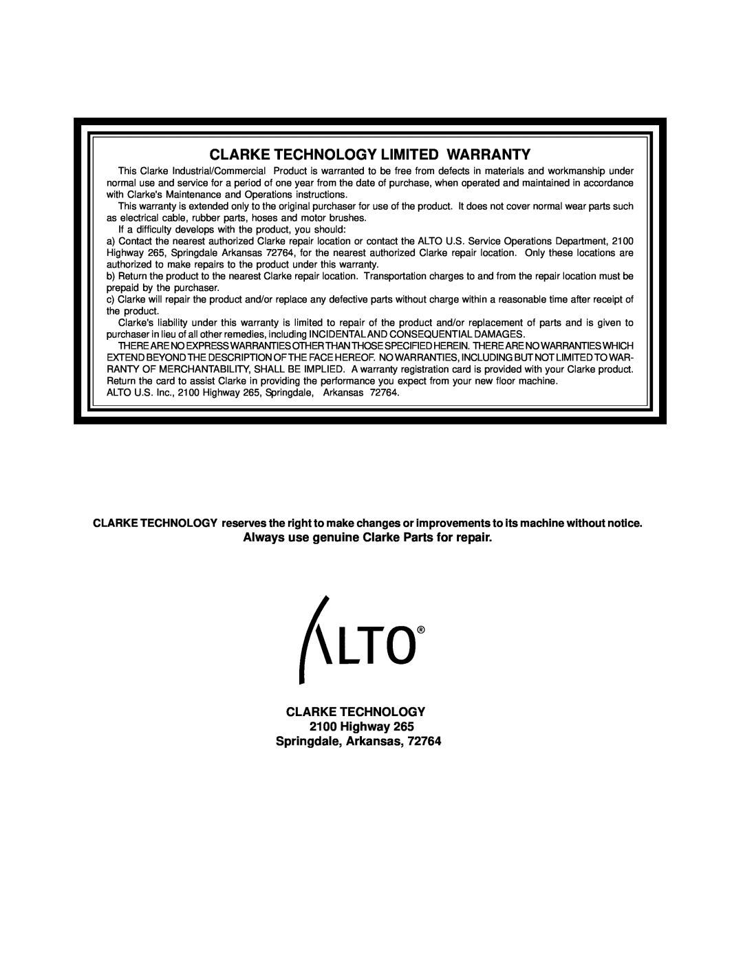 Nilfisk-ALTO Sweeper PS-27 manual Clarke Technology Limited Warranty, Highway Springdale, Arkansas 