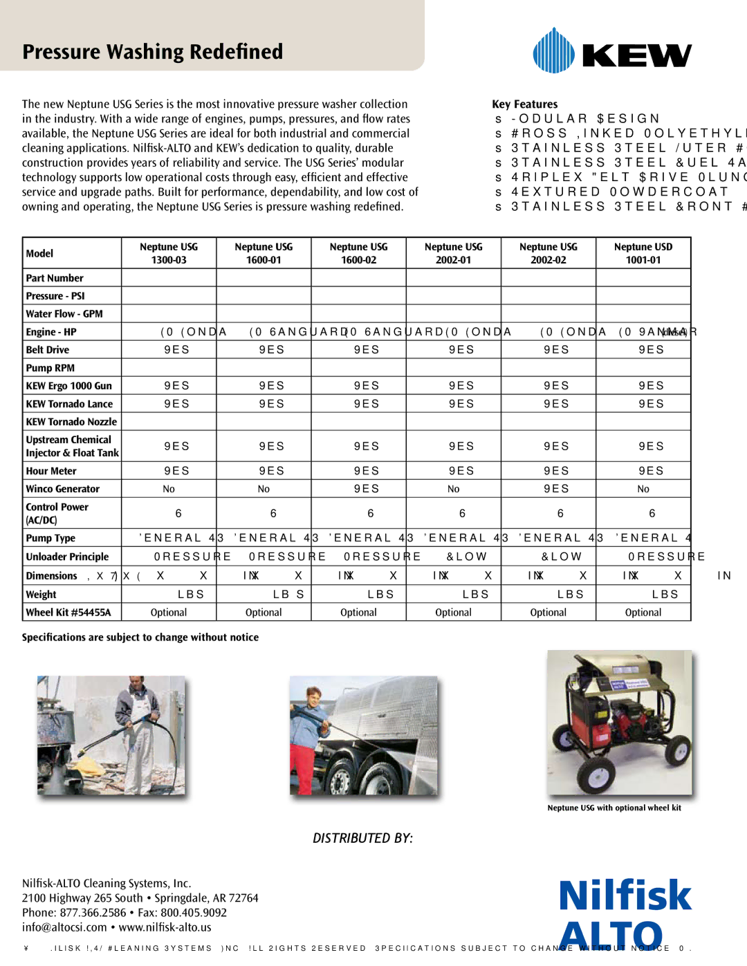 Nilfisk-ALTO USG Series manual Pressure Washing Redefined, Distributed by, Key Features 