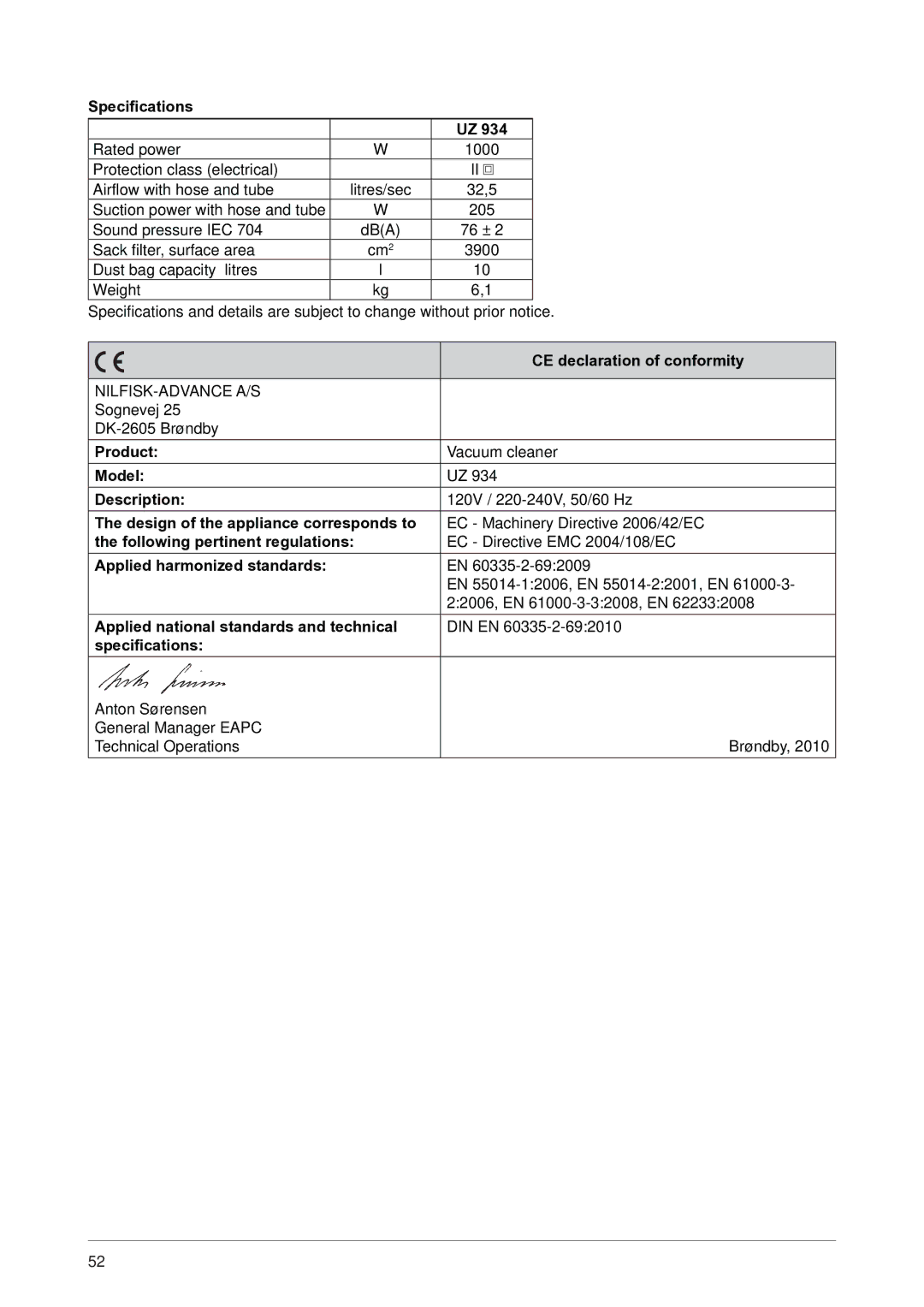 Nilfisk-ALTO UZ 934 operating instructions CE declaration of conformity 