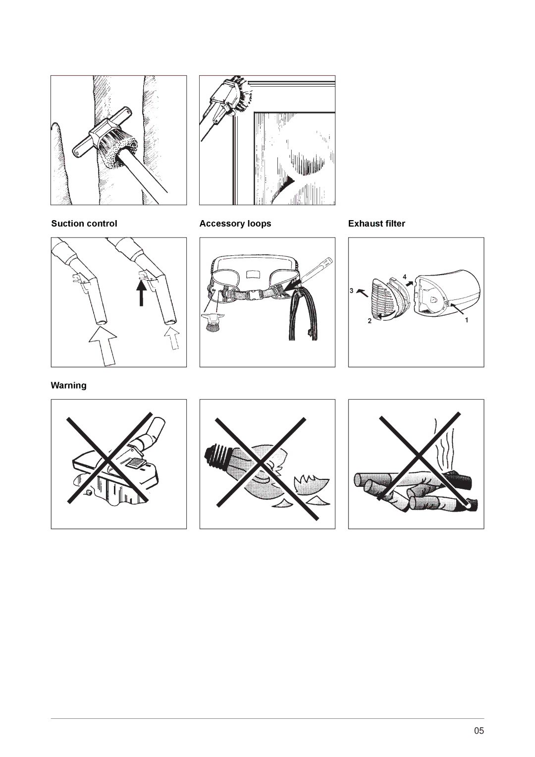 Nilfisk-ALTO UZ 964 operating instructions Suction control Accessory loops Exhaust filter 