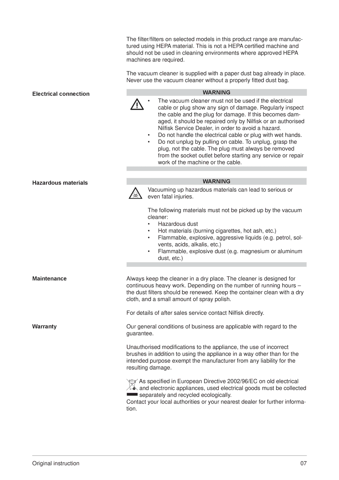 Nilfisk-ALTO UZ 964 operating instructions 