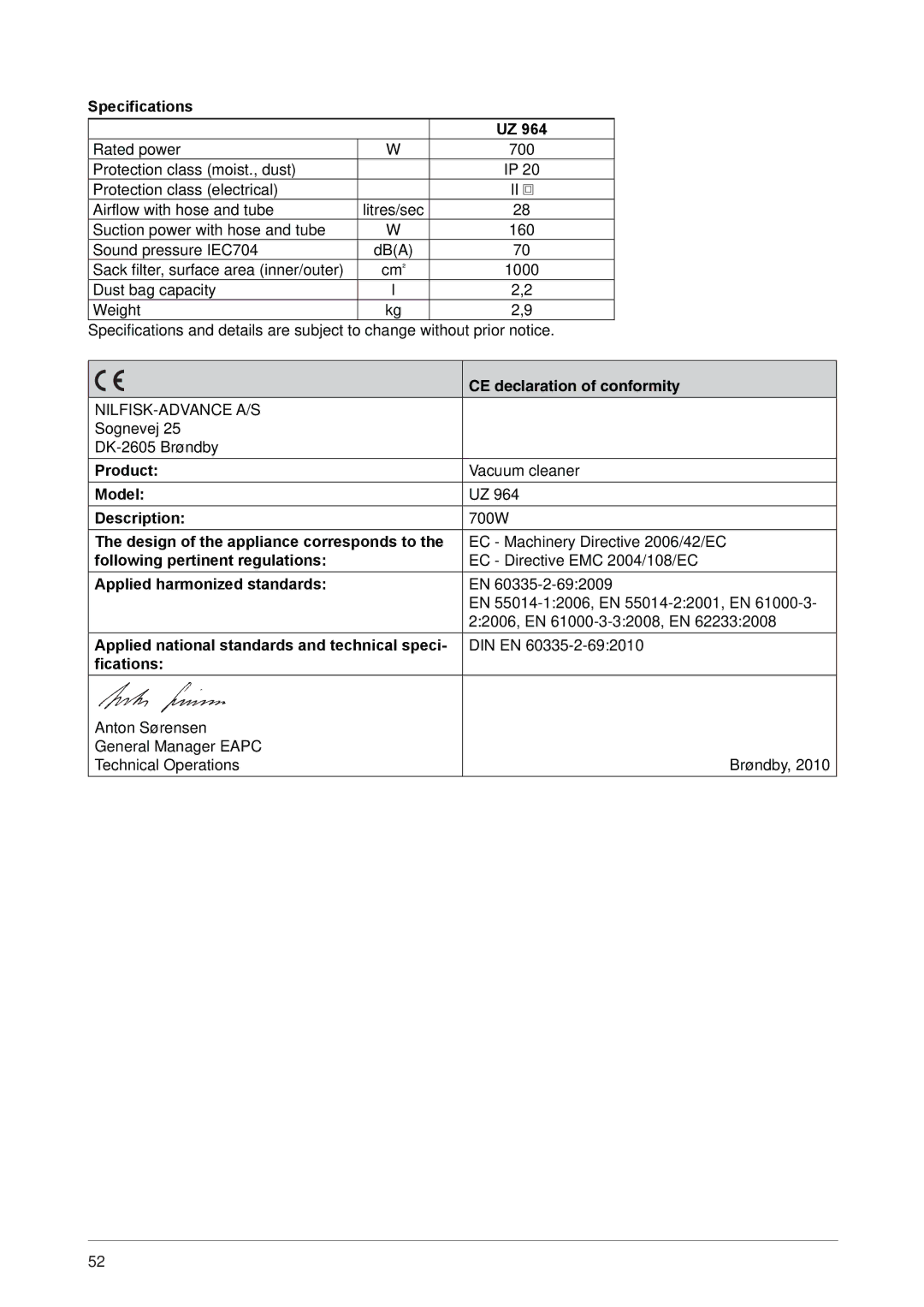 Nilfisk-ALTO UZ 964 operating instructions CE declaration of conformity 