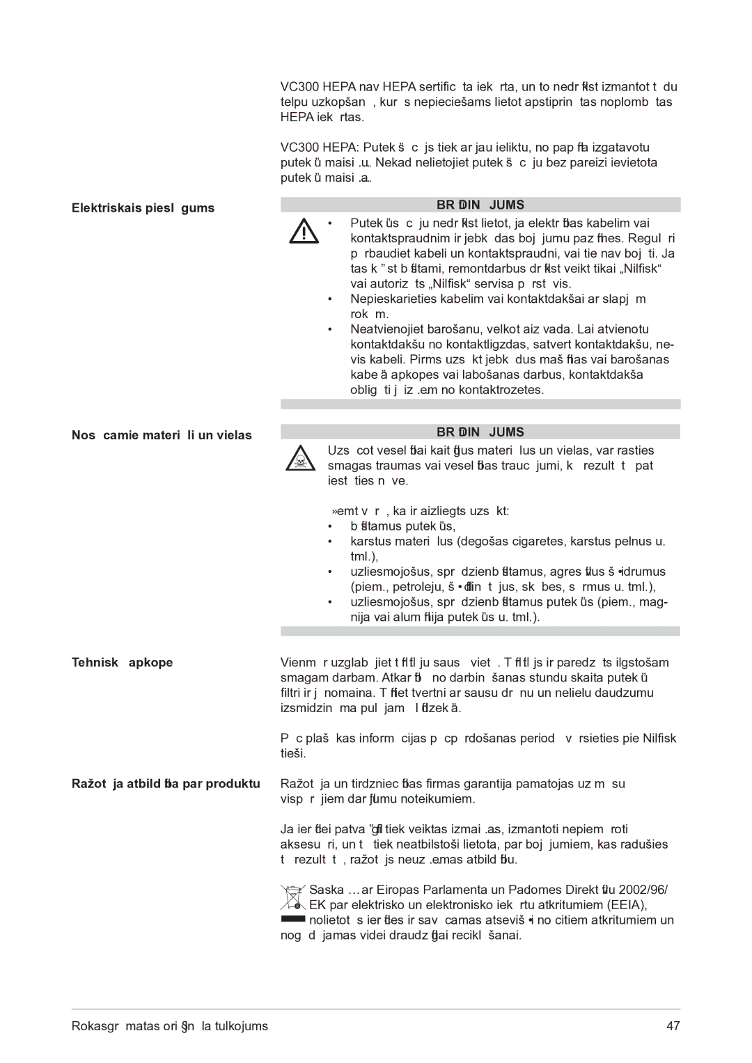 Nilfisk-ALTO VC300 user manual Elektriskais pieslēgums 